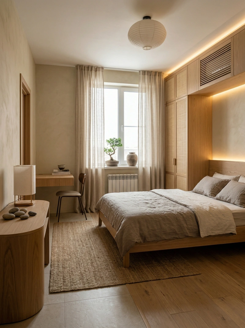 Дизайн спальни в стиле Japandi — фото интерьера от нейросети RoomGPT
