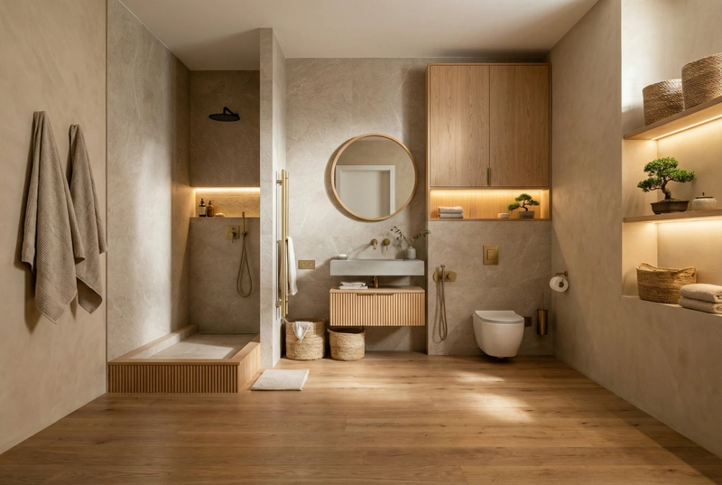 Дизайн ванной в стиле Japandi — фото интерьера от нейросети RoomGPT