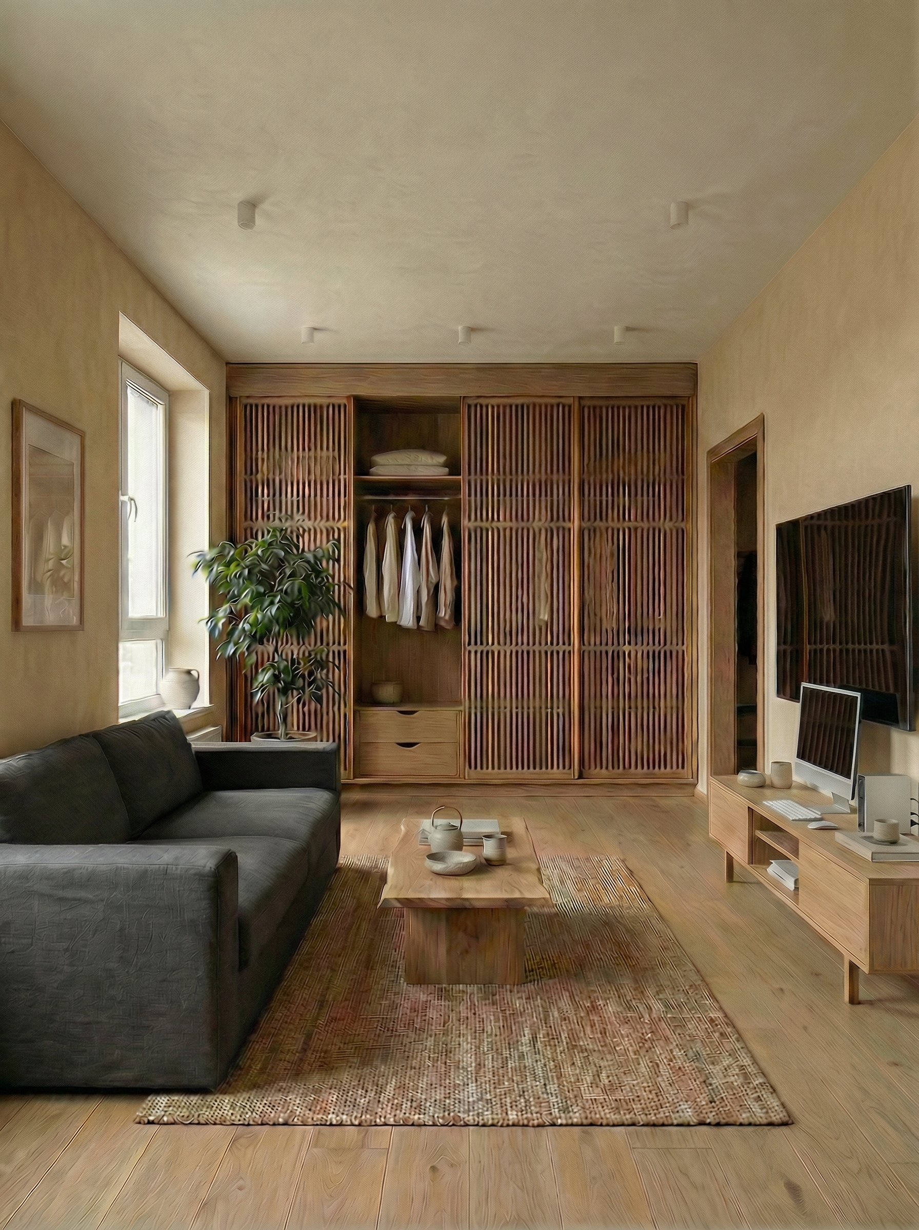 Дизайн гостиной в стиле Japandi — фото интерьера от нейросети RoomGPT