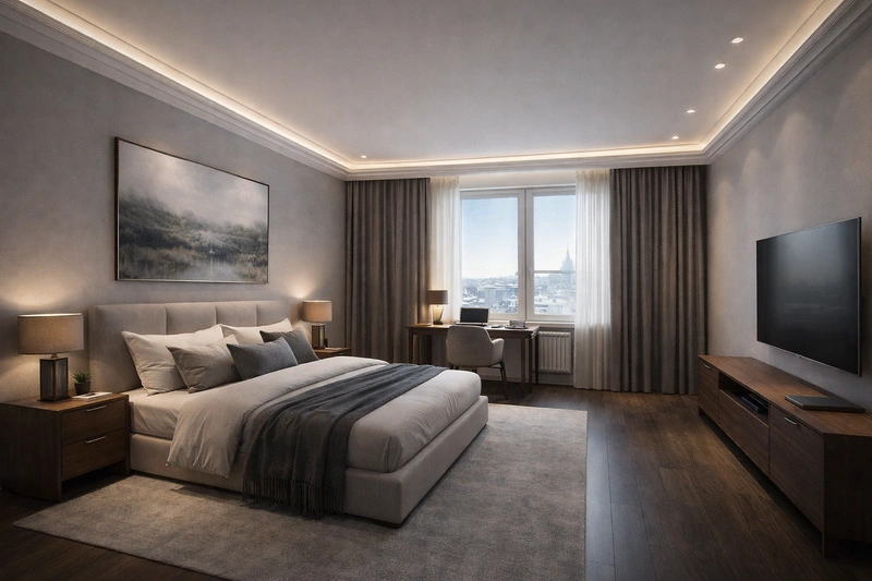 Дизайн спальни в стиле Контемпорари — фото интерьера от нейросети RoomGPT