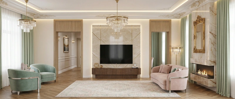 Дизайн гостиной в стиле Неоклассика — фото интерьера от нейросети RoomGPT