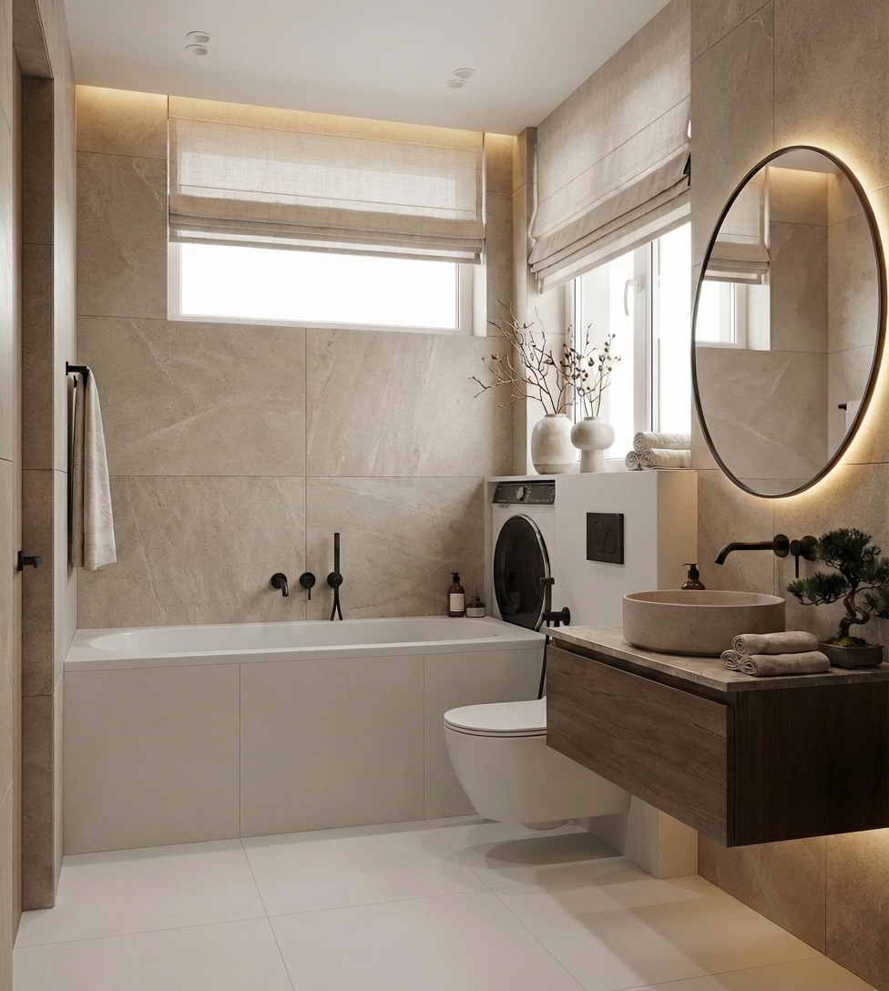 Дизайн ванной в стиле Japandi — фото интерьера от нейросети RoomGPT