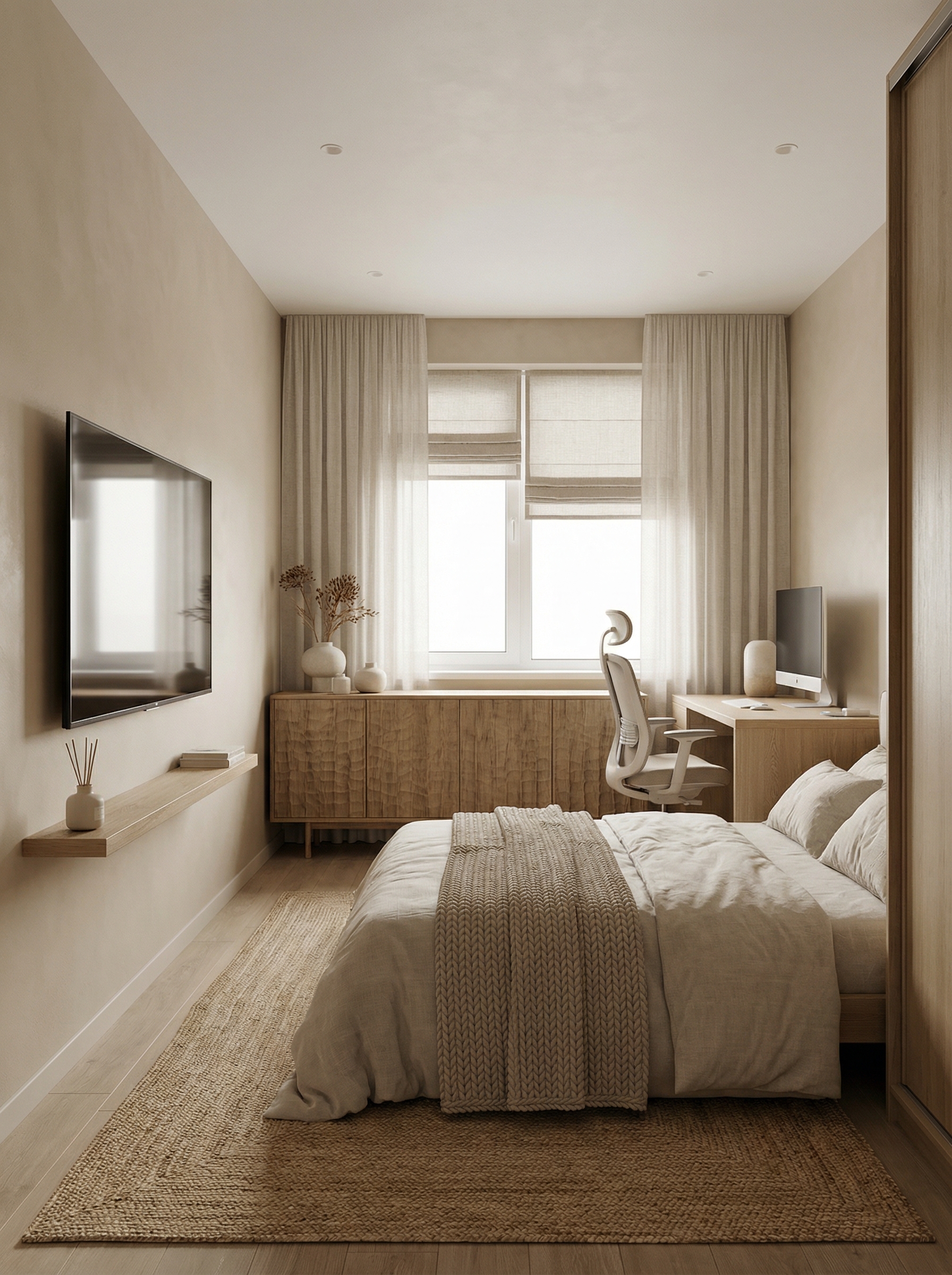 Дизайн спальни в стиле Japandi — фото интерьера от нейросети RoomGPT