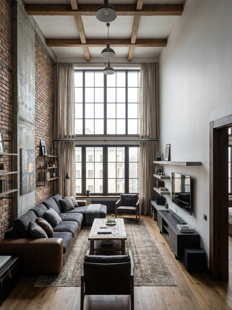 Дизайн гостиной в стиле Лофт — фото интерьера от нейросети RoomGPT
