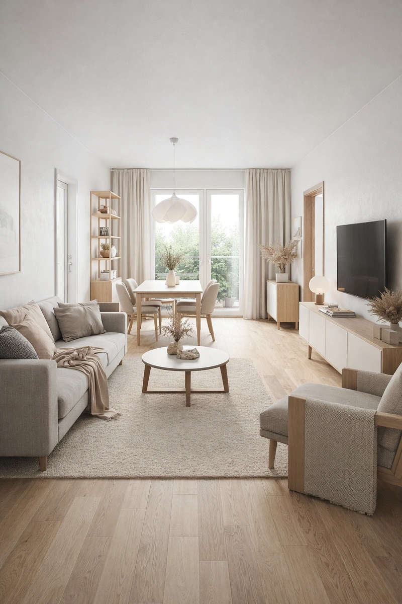 Дизайн гостиной в стиле Сканди — фото интерьера от нейросети RoomGPT