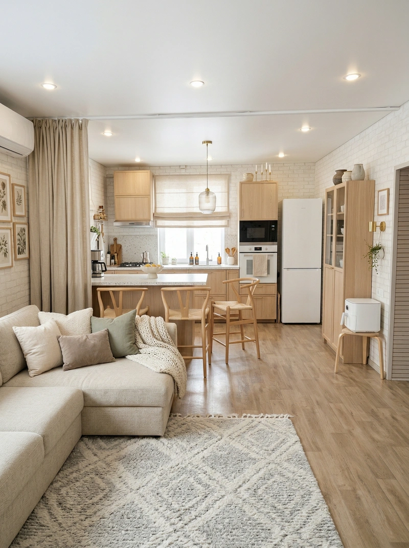 Дизайн гостиной в стиле Хюгге — фото интерьера от нейросети RoomGPT