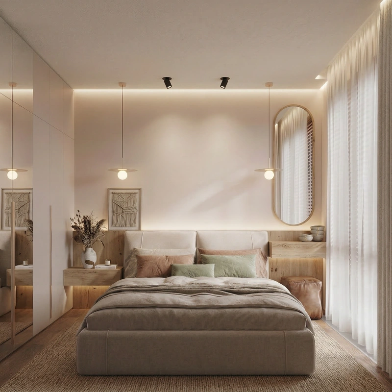 Дизайн спальни в стиле Japandi — фото интерьера от нейросети RoomGPT