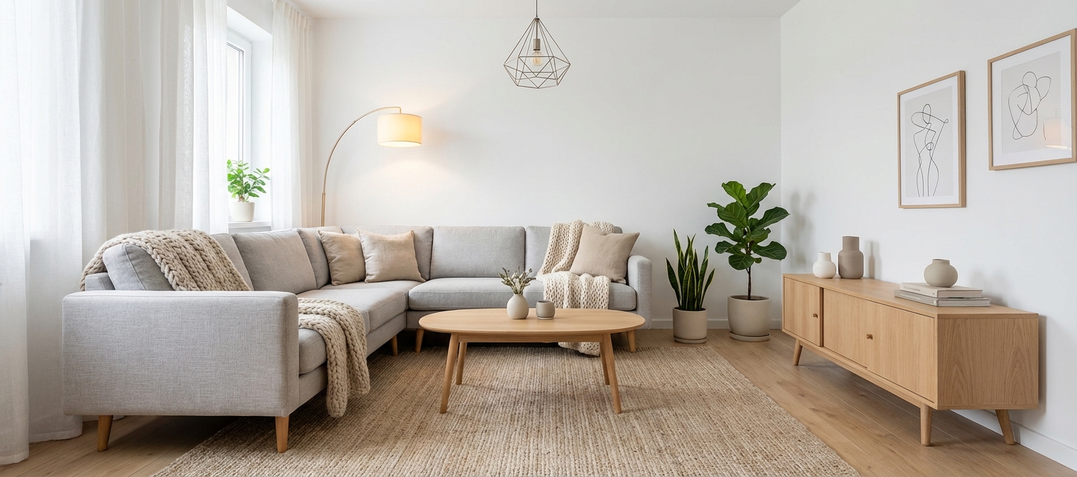 Дизайн гостиной в стиле Хюгге — фото интерьера от нейросети RoomGPT