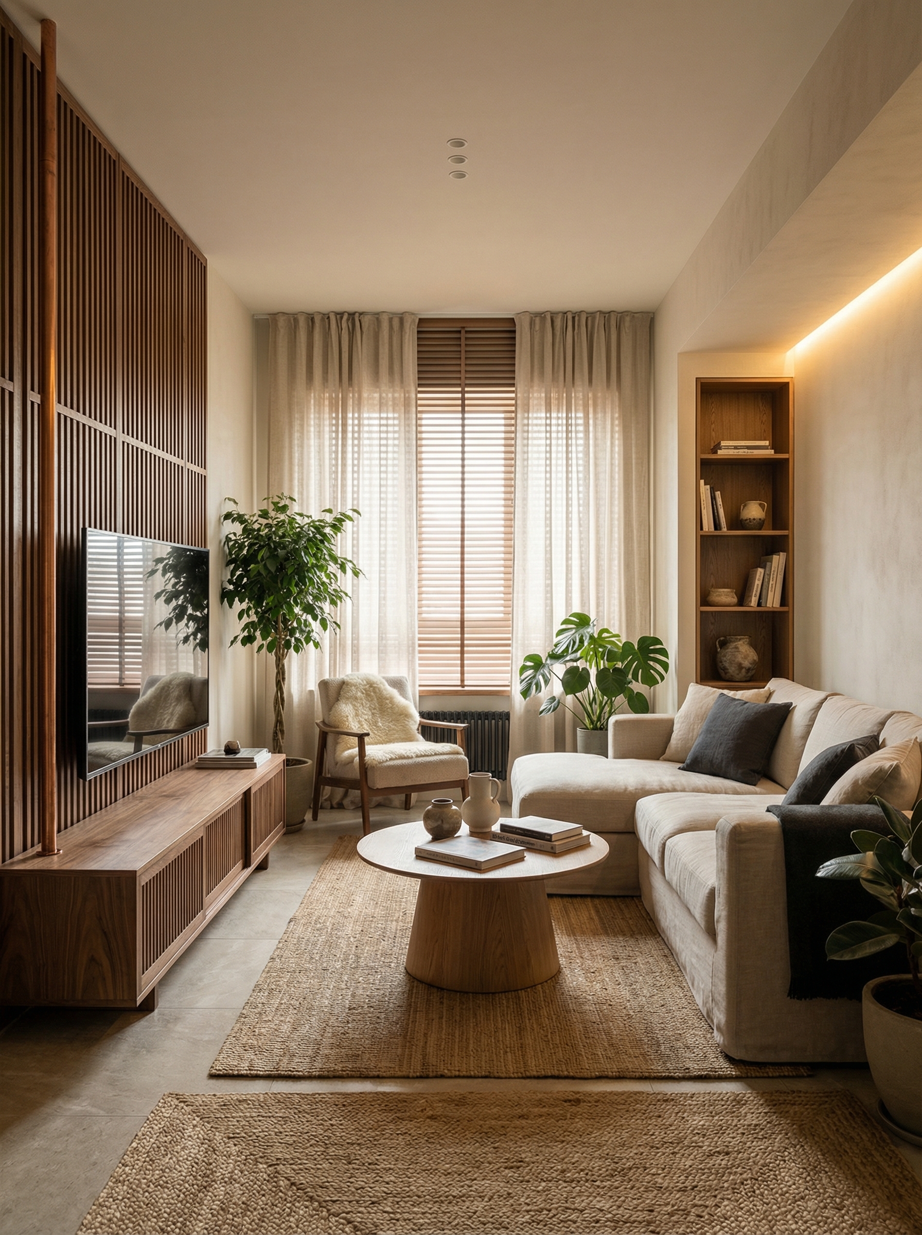 Дизайн гостиной в стиле Japandi — фото интерьера от нейросети RoomGPT