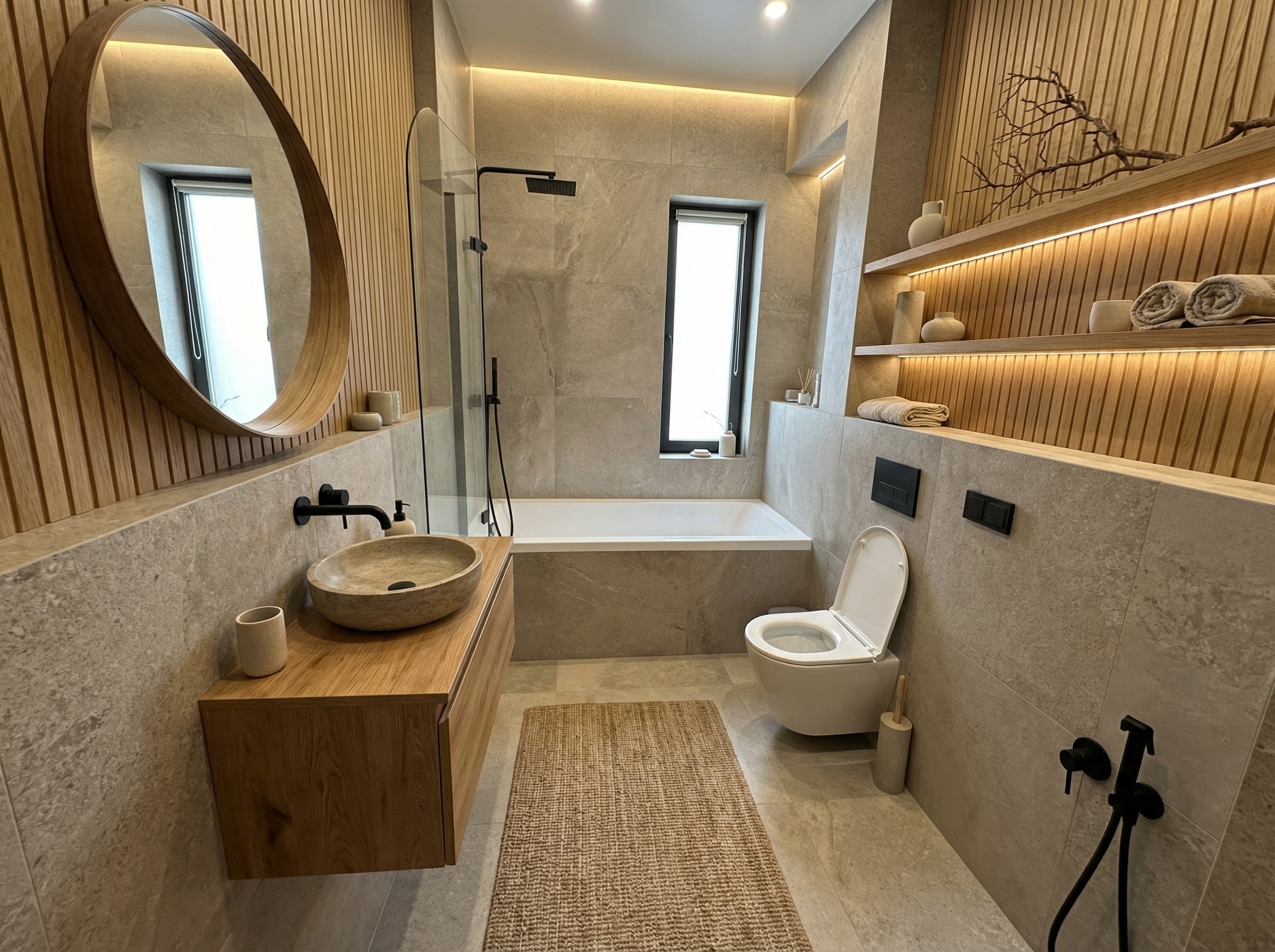 Дизайн ванной в стиле Japandi — фото интерьера от нейросети RoomGPT