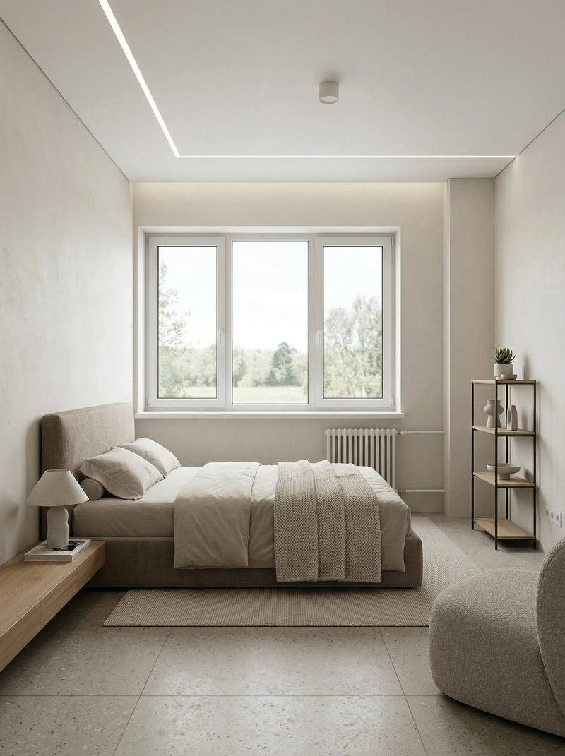 Дизайн спальни в стиле Минимализм — фото интерьера от нейросети RoomGPT