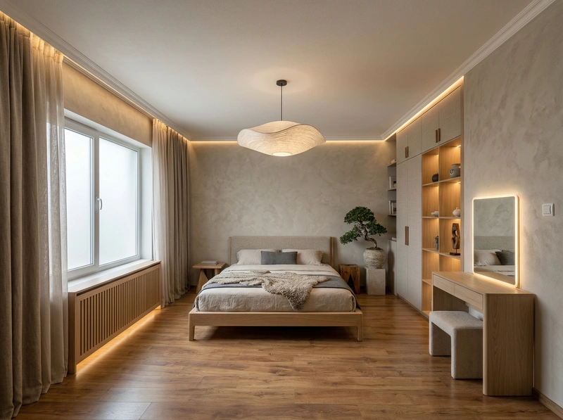 Дизайн спальни в стиле Japandi — фото интерьера от нейросети RoomGPT