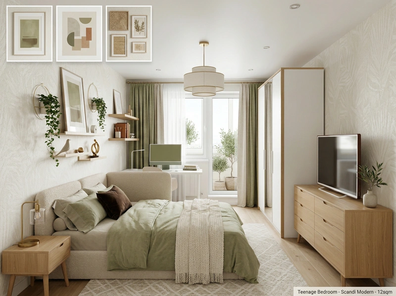 Дизайн спальни в стиле Сканди — фото интерьера от нейросети RoomGPT
