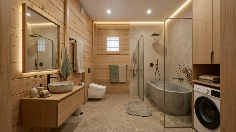 Дизайн ванной в стиле Japandi — фото интерьера от нейросети RoomGPT