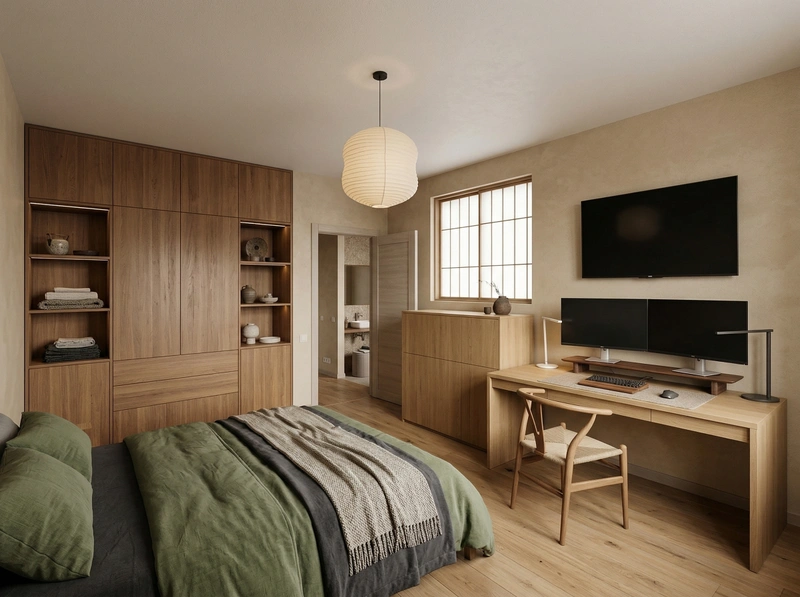 Дизайн спальни в стиле Japandi — фото интерьера от нейросети RoomGPT