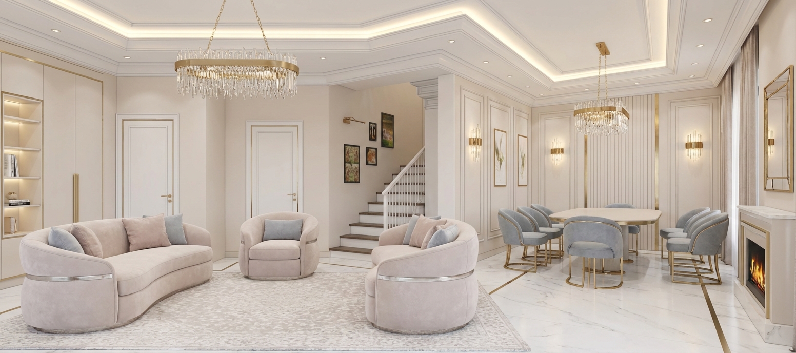 Дизайн гостиной в стиле Неоклассика — фото интерьера от нейросети RoomGPT