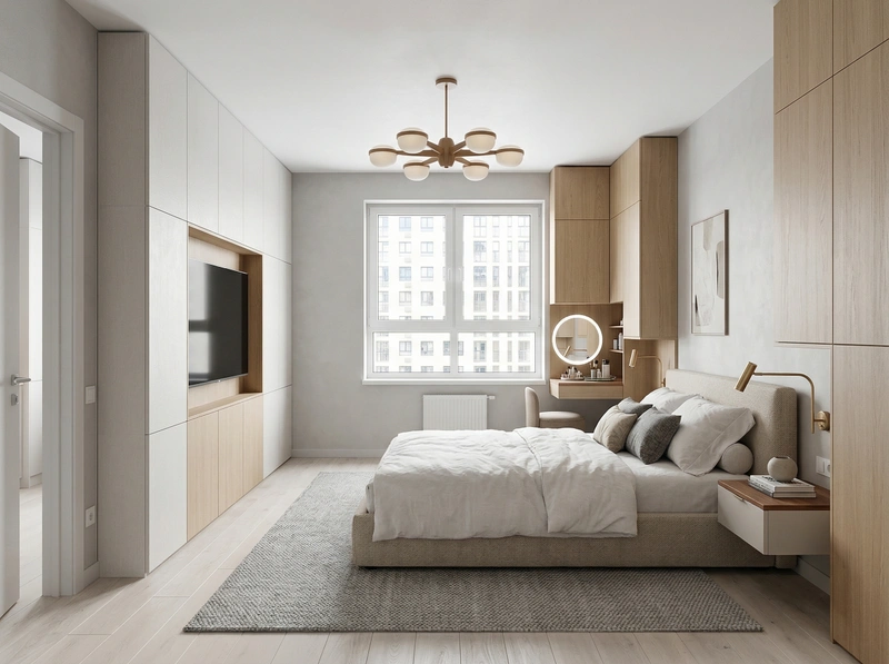 Дизайн спальни в стиле Сканди — фото интерьера от нейросети RoomGPT