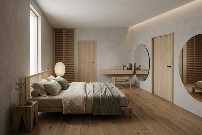 Дизайн спальни в стиле Japandi — фото интерьера от нейросети RoomGPT