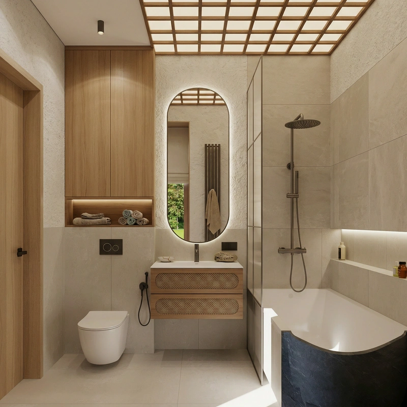 Дизайн ванной в стиле Japandi — фото интерьера от нейросети RoomGPT