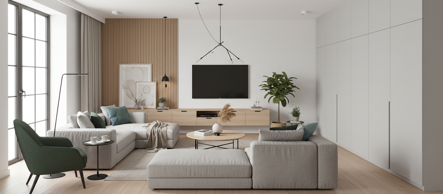 Дизайн гостиной в стиле Сканди — фото интерьера от нейросети RoomGPT