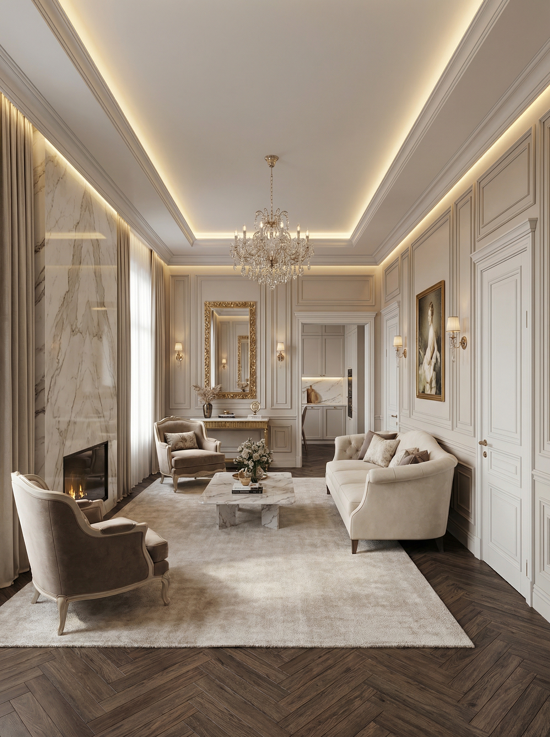 Дизайн гостиной в стиле Классика — фото интерьера от нейросети RoomGPT