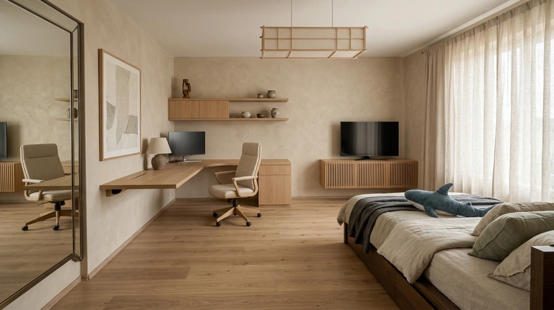 Дизайн спальни в стиле Japandi — фото интерьера от нейросети RoomGPT