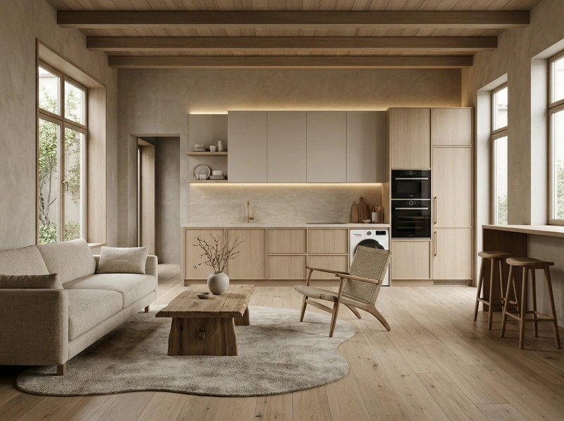 Дизайн гостиной в стиле Japandi — фото интерьера от нейросети RoomGPT