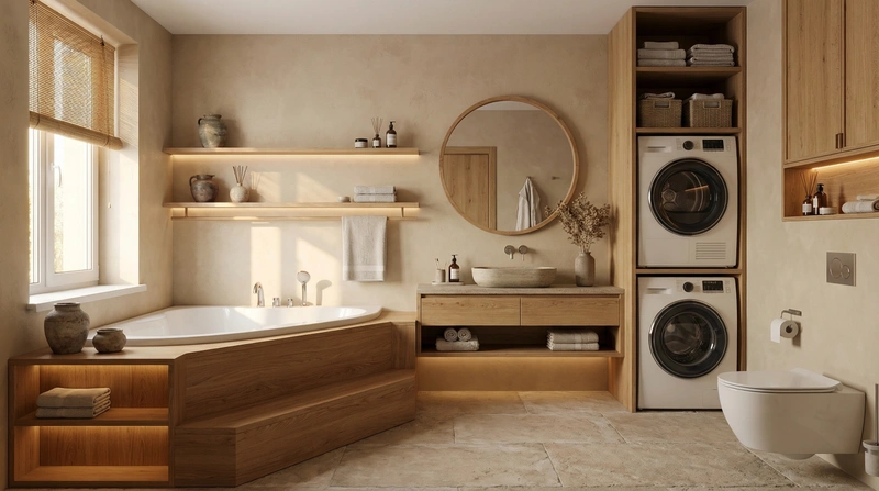 Дизайн ванной в стиле Japandi — фото интерьера от нейросети RoomGPT