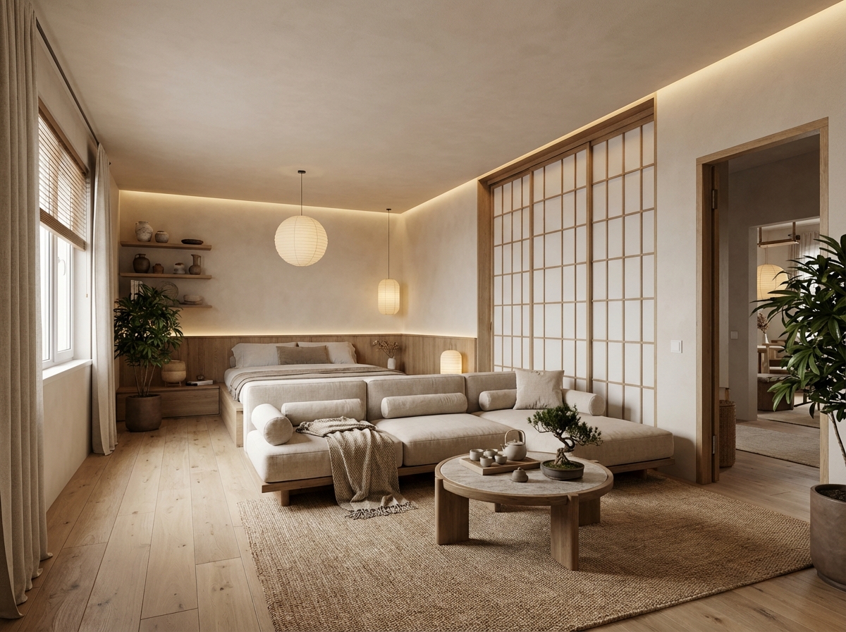 Дизайн гостиной в стиле Japandi — фото интерьера от нейросети RoomGPT