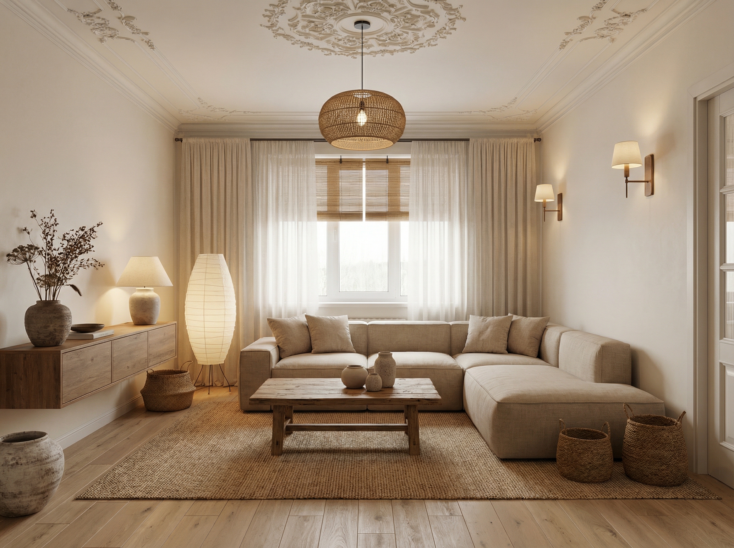 Дизайн гостиной в стиле Japandi — фото интерьера от нейросети RoomGPT