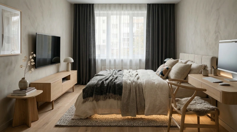 Дизайн спальни в стиле Хюгге — фото интерьера от нейросети RoomGPT