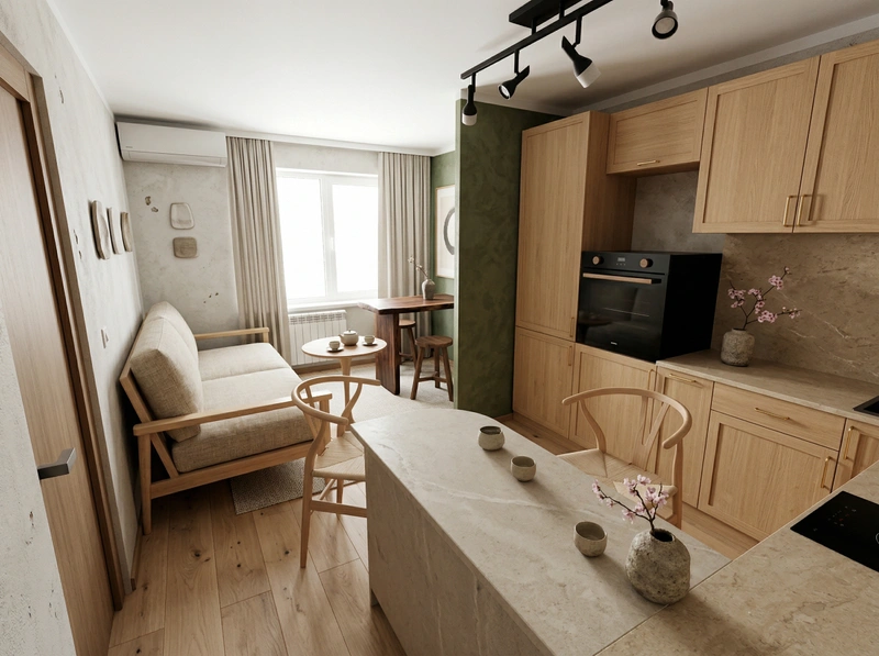 Дизайн кухни в стиле Japandi — фото интерьера от нейросети RoomGPT