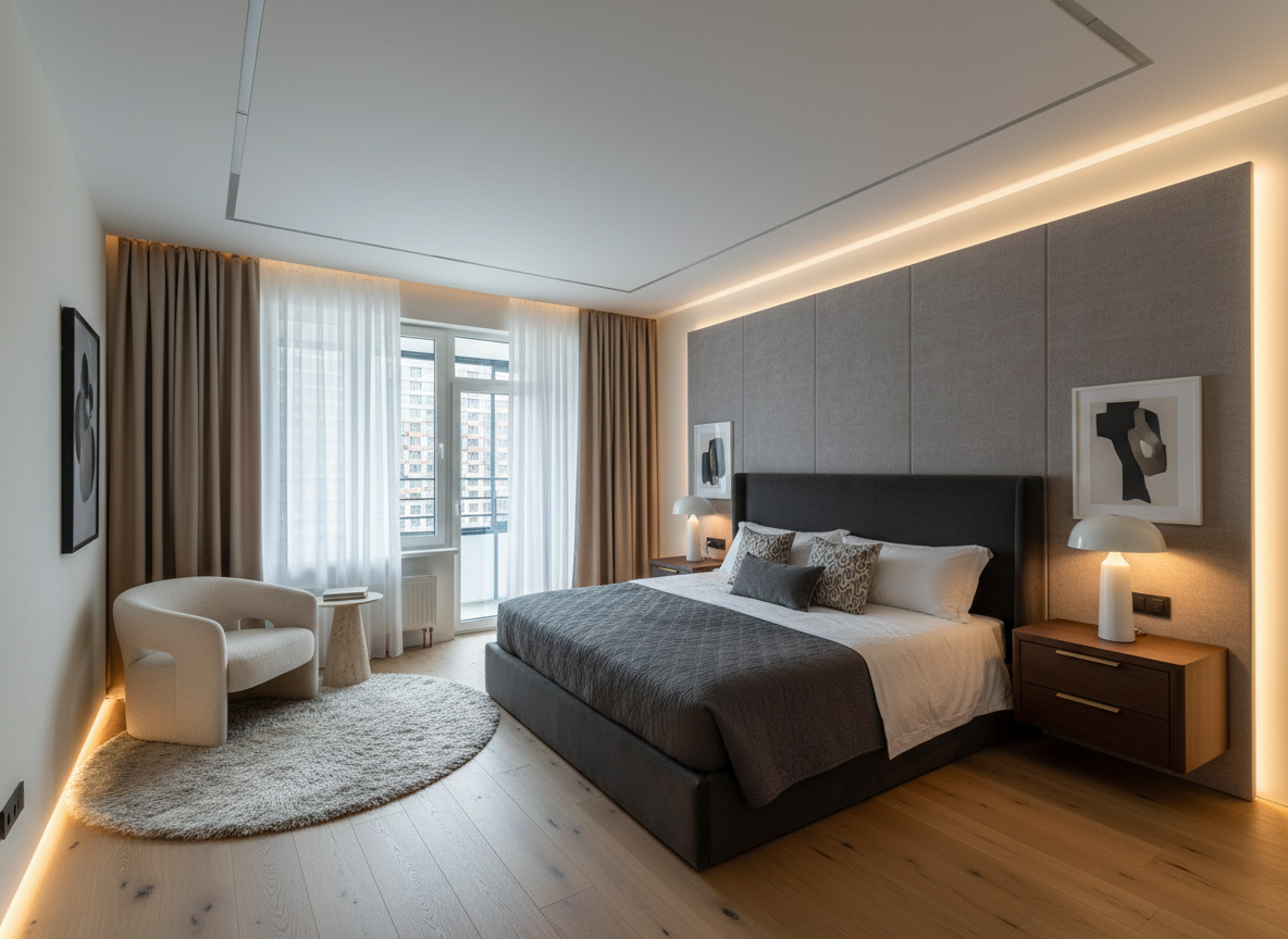 Дизайн спальни в стиле Контемпорари — фото интерьера от нейросети RoomGPT