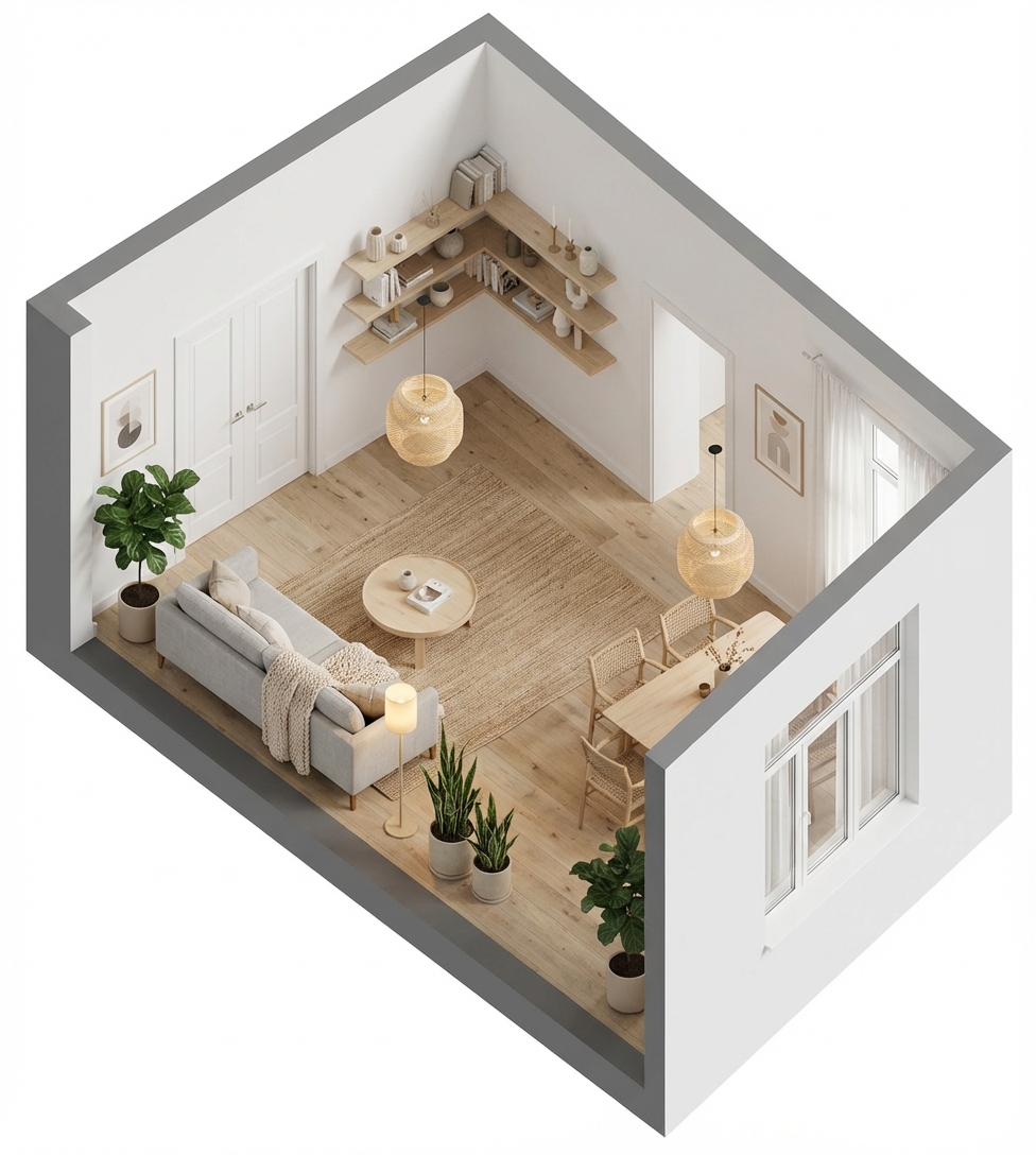 Дизайн гостиной в стиле Хюгге — фото интерьера от нейросети RoomGPT