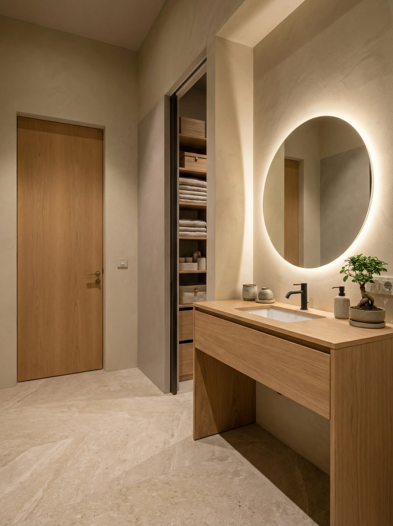 Дизайн ванной в стиле Japandi — фото интерьера от нейросети RoomGPT