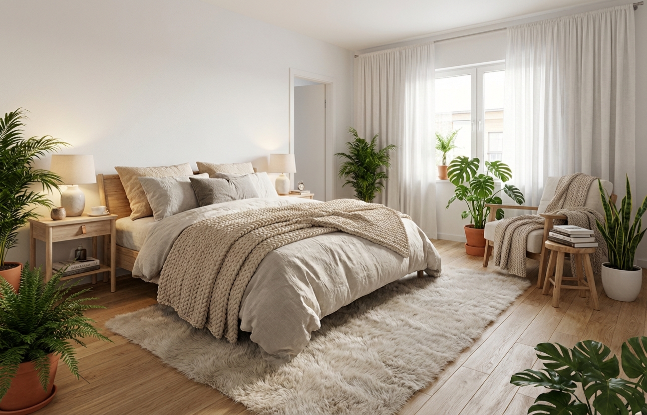Дизайн спальни в стиле Хюгге — фото интерьера от нейросети RoomGPT
