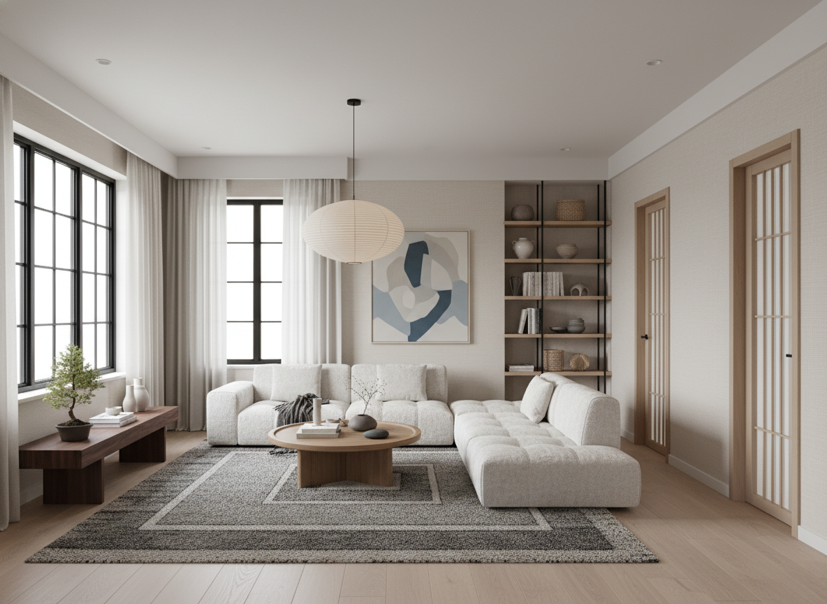 Дизайн гостиной в стиле Japandi — фото интерьера от нейросети RoomGPT