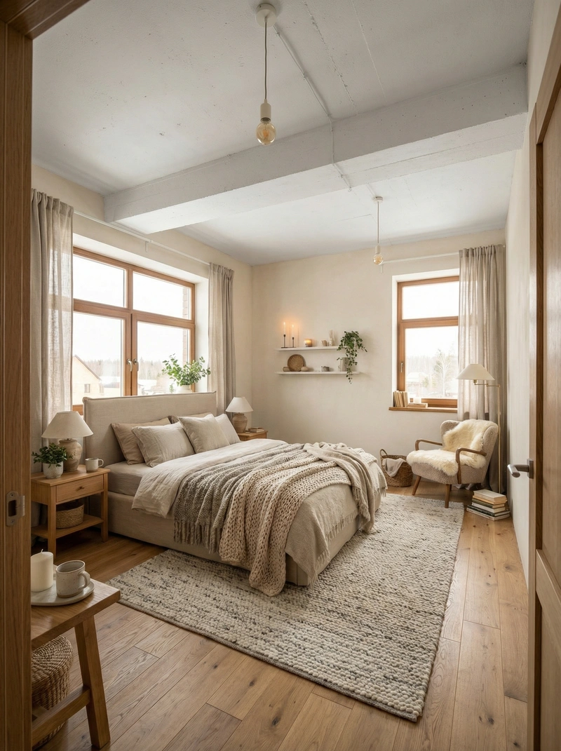 Дизайн спальни в стиле Хюгге — фото интерьера от нейросети RoomGPT