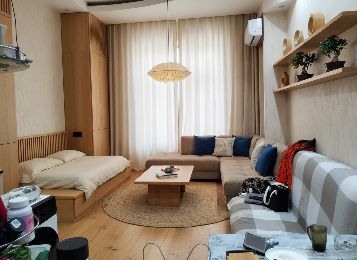 Дизайн гостиной в стиле Japandi — фото интерьера от нейросети RoomGPT