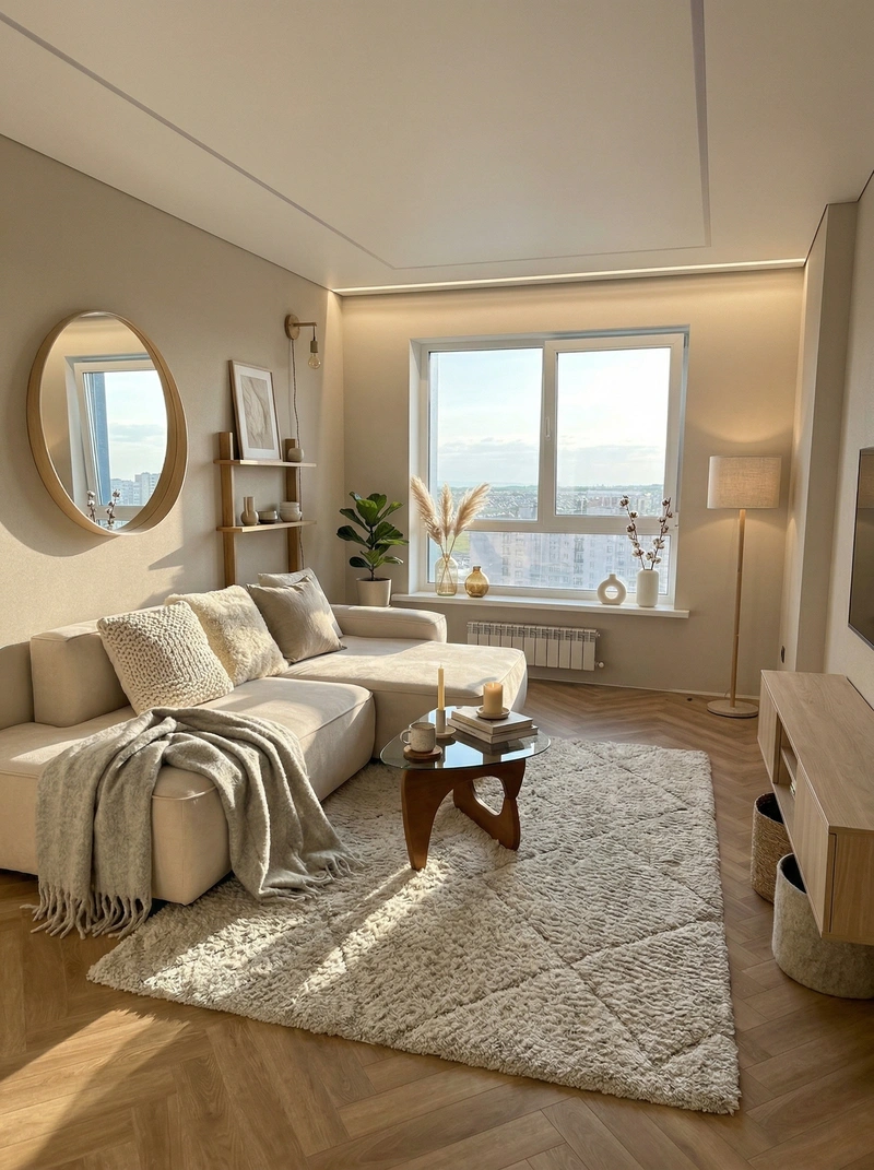 Дизайн гостиной в стиле Хюгге — фото интерьера от нейросети RoomGPT