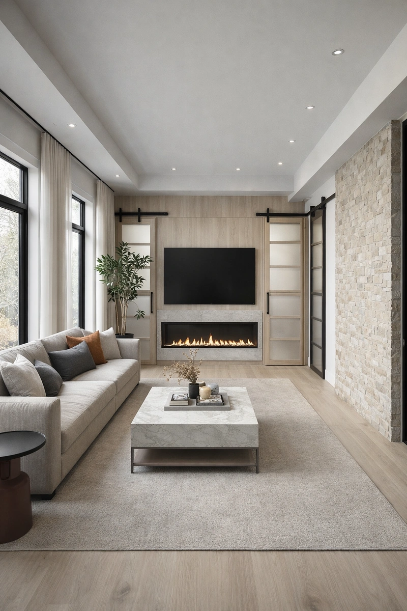 Дизайн интерьера в стиле Контемпорари — Гостиная от нейросети RoomGPT