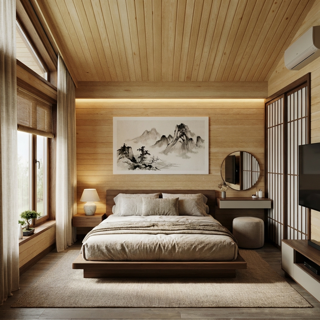 Дизайн спальни в стиле Japandi — фото интерьера от нейросети RoomGPT