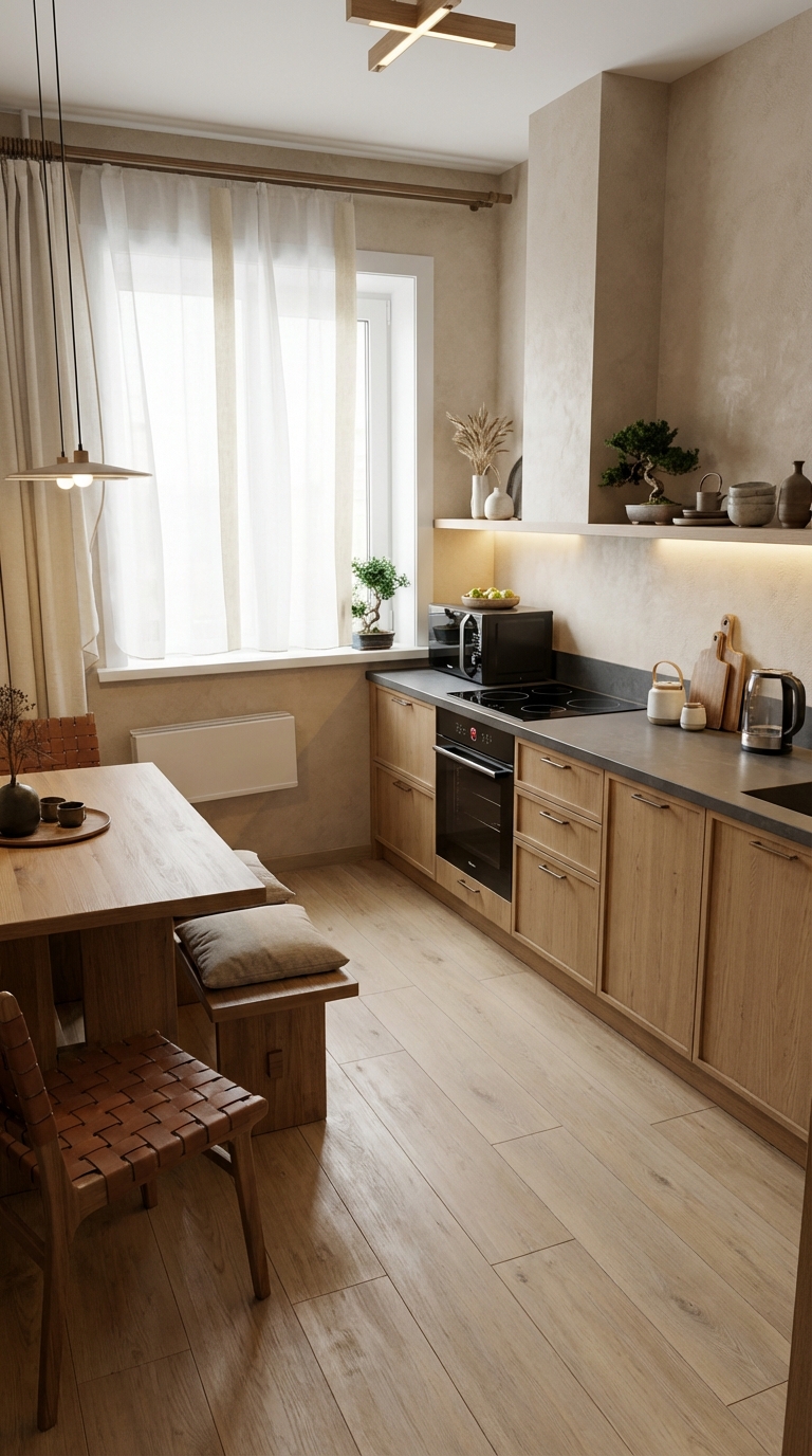 Дизайн кухни в стиле Japandi — фото интерьера от нейросети RoomGPT