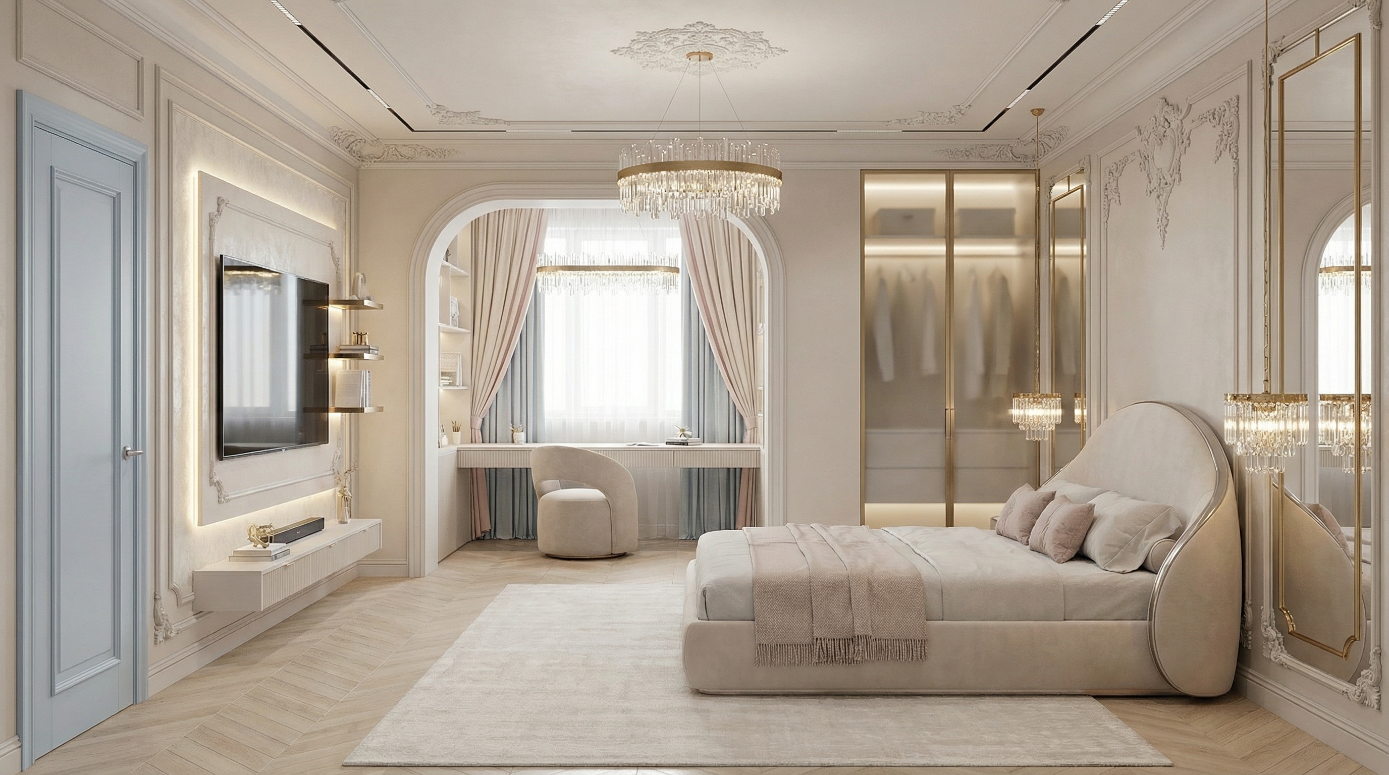 Дизайн спальни в стиле Неоклассика — фото интерьера от нейросети RoomGPT