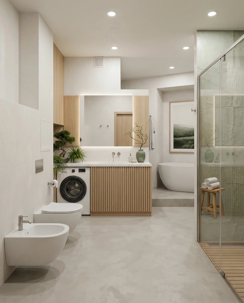 Дизайн ванной в стиле Japandi — фото интерьера от нейросети RoomGPT