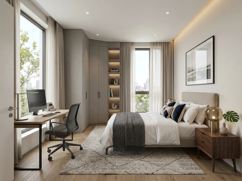 Дизайн спальни в стиле Контемпорари — фото интерьера от нейросети RoomGPT