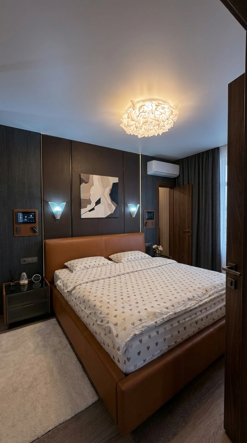 Дизайн спальни в стиле Блэктэк — фото интерьера от нейросети RoomGPT