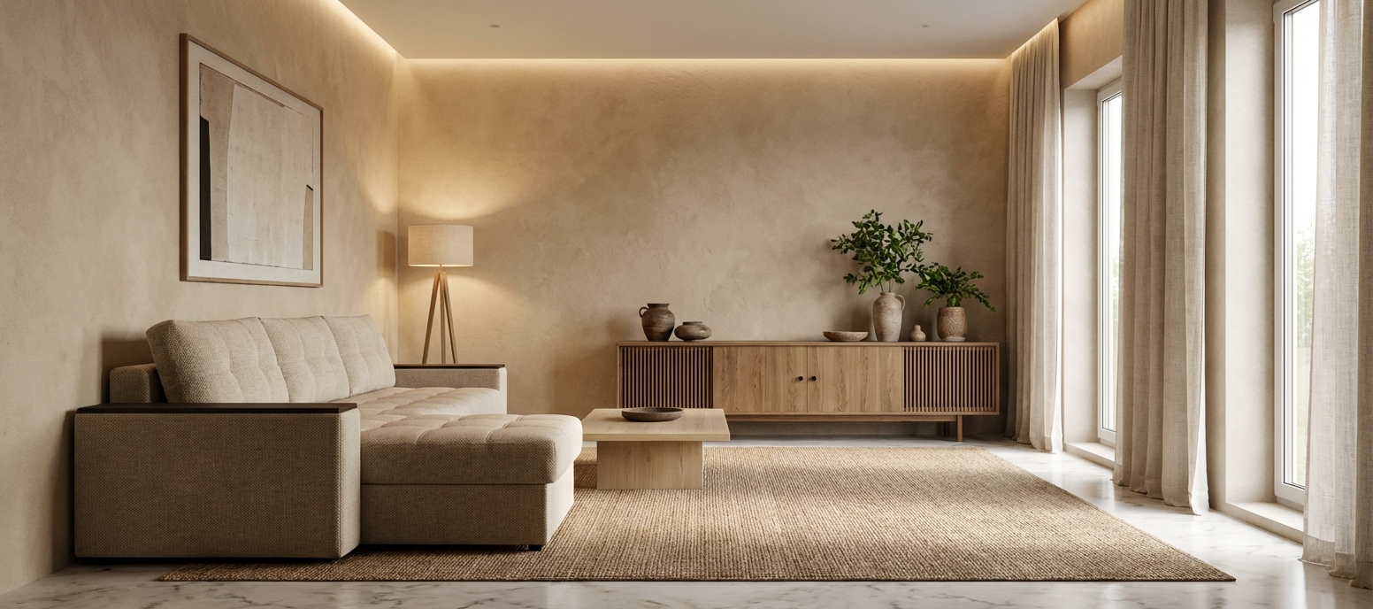 Дизайн гостиной в стиле Japandi — фото интерьера от нейросети RoomGPT