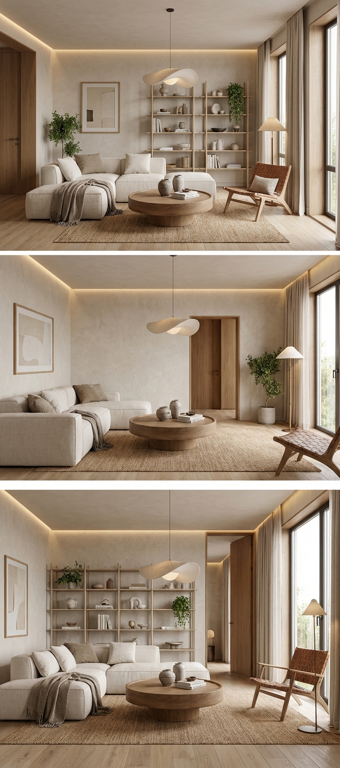 Дизайн гостиной в стиле Japandi — фото интерьера от нейросети RoomGPT