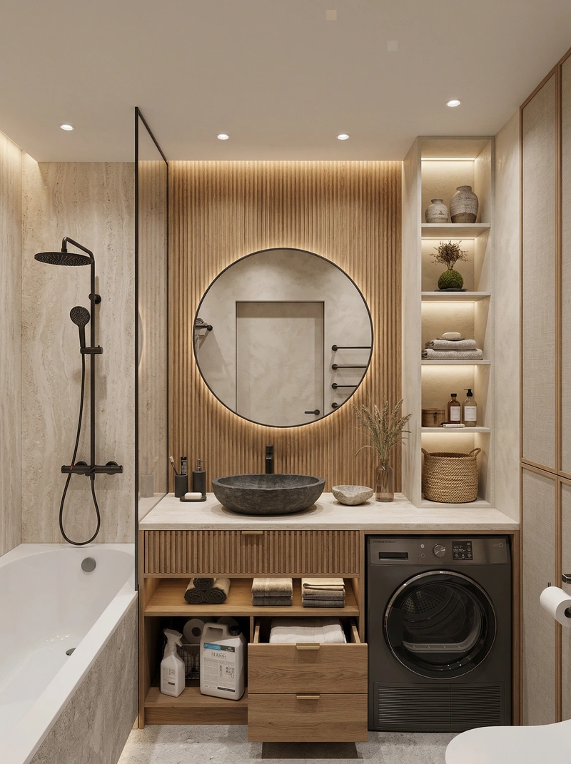 Дизайн ванной в стиле Japandi — фото интерьера от нейросети RoomGPT